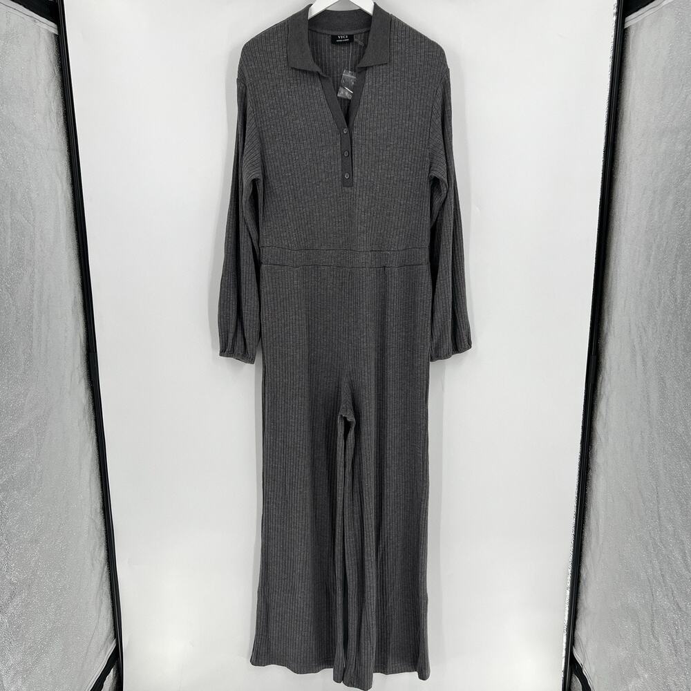 Vici Gray Ribbed Jumpsuit Long Sleeves Button Collared Stretch Gray Size XL NWOT